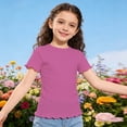 thumbnail image 2 of Girls Lettuce Trim Shirts Short Sleeve Ribbed Tops Girls Shirts Size 14 16 Crewneck Casual T Shirt Summer Tee Blouse(Size 5-6 Years,Hot Pink), 2 of 4
