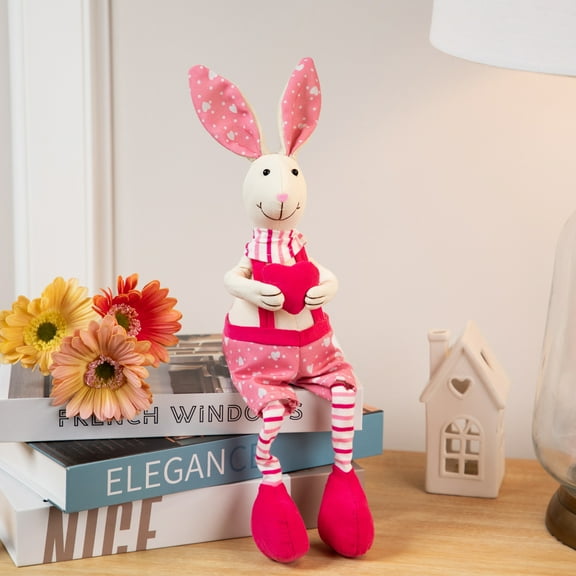 Boy Sitting Easter Rabbit Decoration with Dangling Legs - 16.5" - Pink and Cream