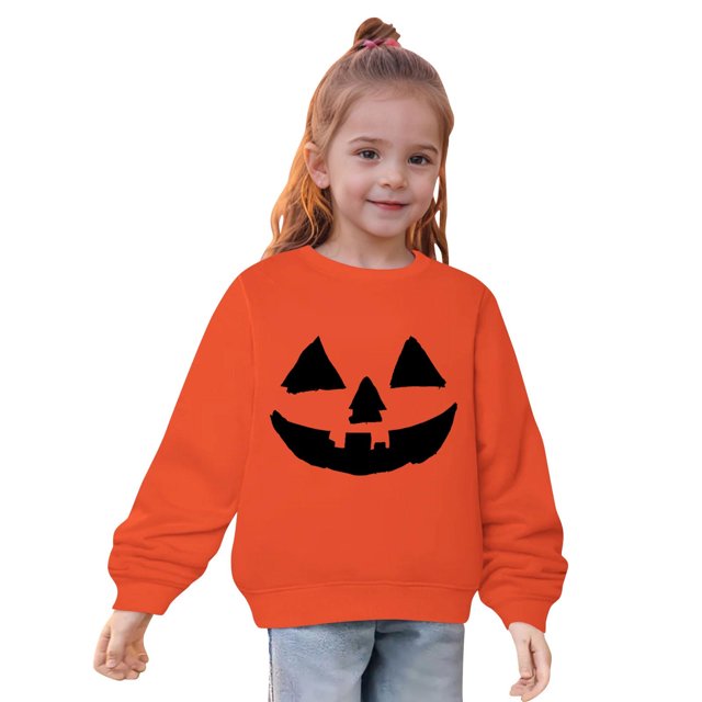 lcziwo Chandail à Capuchon Visage de Citrouille Filles Halloween 2024 Mode Graphique Col Rond Grande Taille Chandail Ample Hauts Automne Hiver Chandails Chauds pour 2-10 Ans Orange,5 Ans
