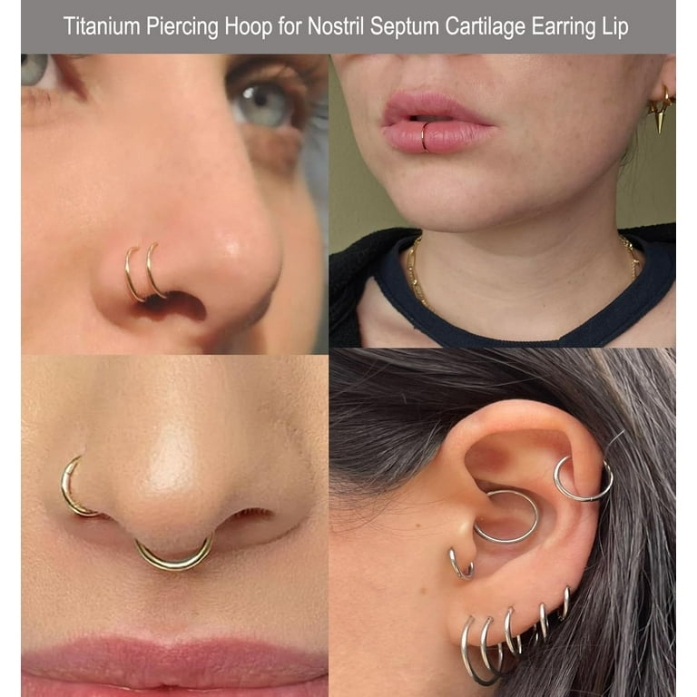 2Pcs Women Men Titanium Nose Rings Hoops 20G 18G 16G Hinged Nose