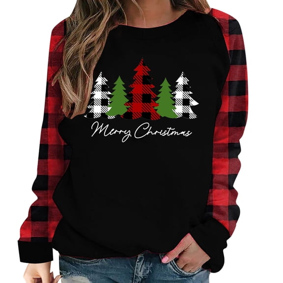 Tbopshirt Womens Hoodless Sweatshirts,Plus Size Essential Crewneck Sweatshirts Long Sleeve Plaid Christmas Print Splicing Round Neck Pullover T-Shirt Tops