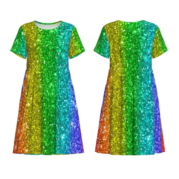 Horeoi Glitter Rainbow Print Women's Short Sleeve Dress Breathable Polyester-Spandex All-Over Print A-Line Side Pockets Elastic Waist