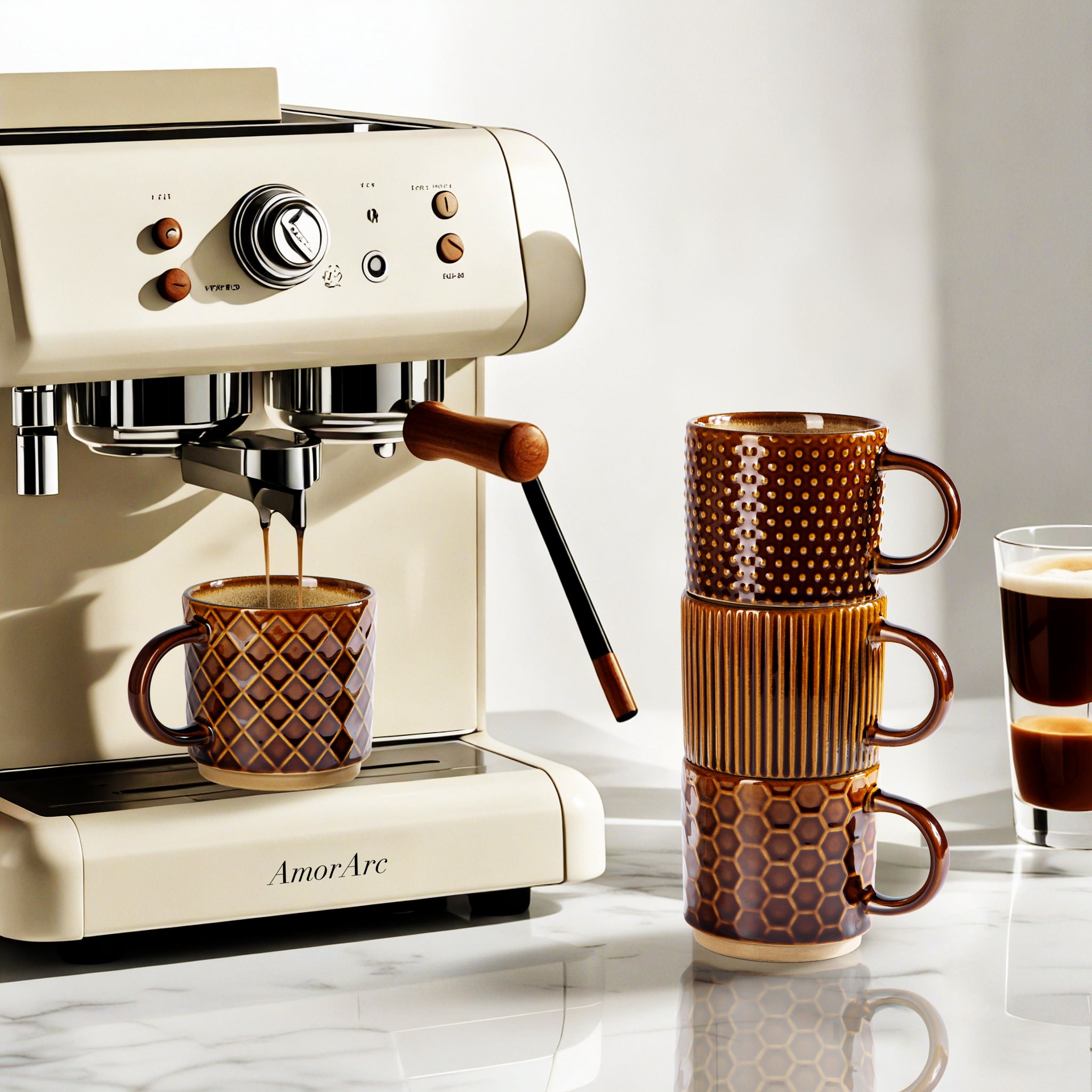 AmorArc 12OZ Stackable Coffee Mugs, Ceramic Coffee Cups with Texture Patterns for Man,Woman,Dad,Mom, Modern Coffee Mugs Set of 4 for Latte/Cappuccino/Cocoa. Dishwasher&Microwave Safe, Caramel