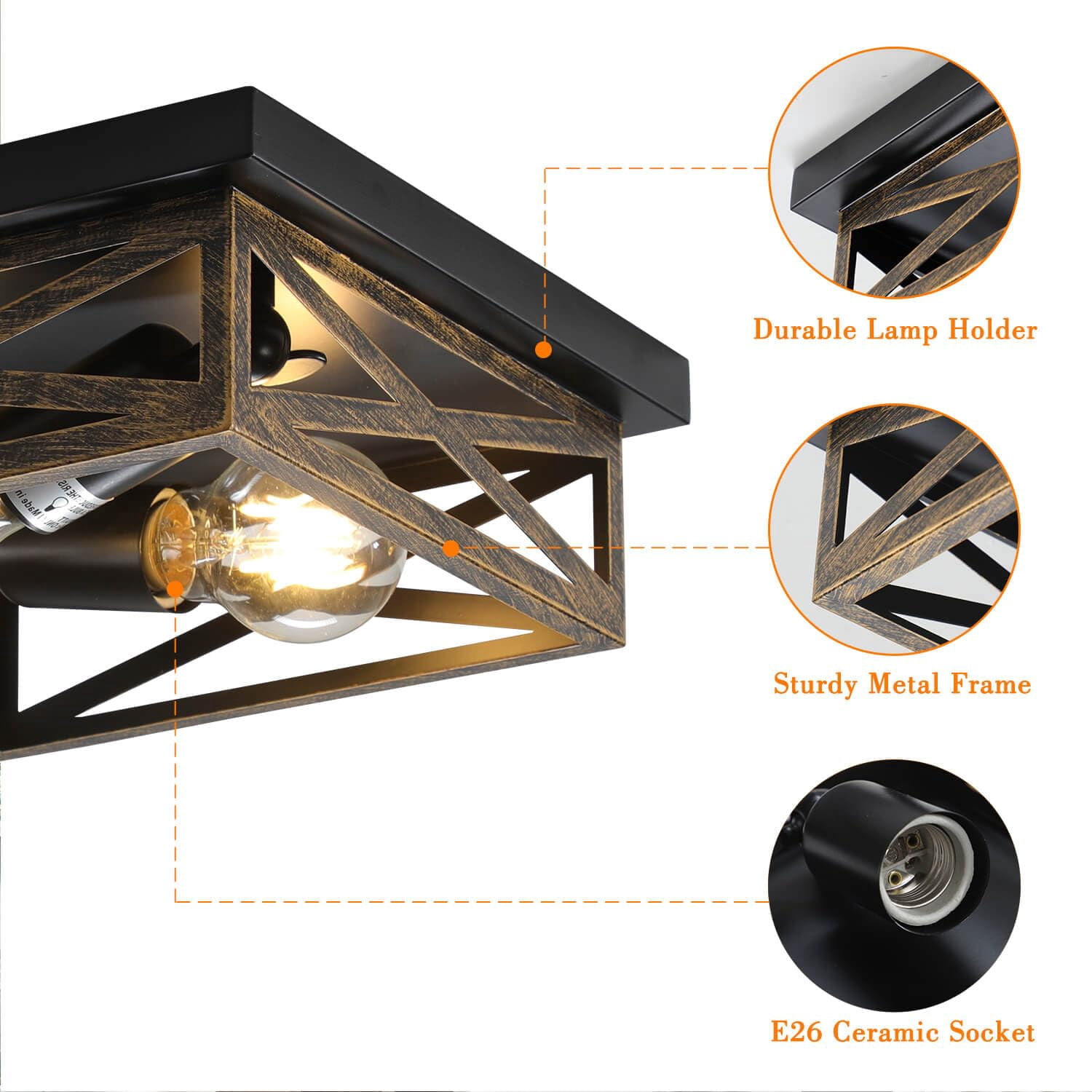 2Pack Rustic Flush Mount Ceiling Light Fixture, Modern Farmhouse Light Fixture, Kitchen Hallway Light Fixtures for Bedroom,Dining Room Entryway,Industrial Metal Cage Ceiling Light