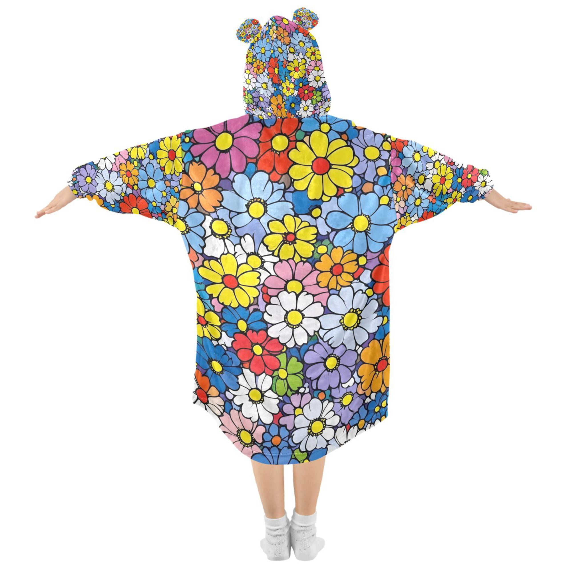 FORMRS Wearable Blanket Hoodie with Sleeves for Kids Cozy Flannel Sweatshirt, Floral Fiesta