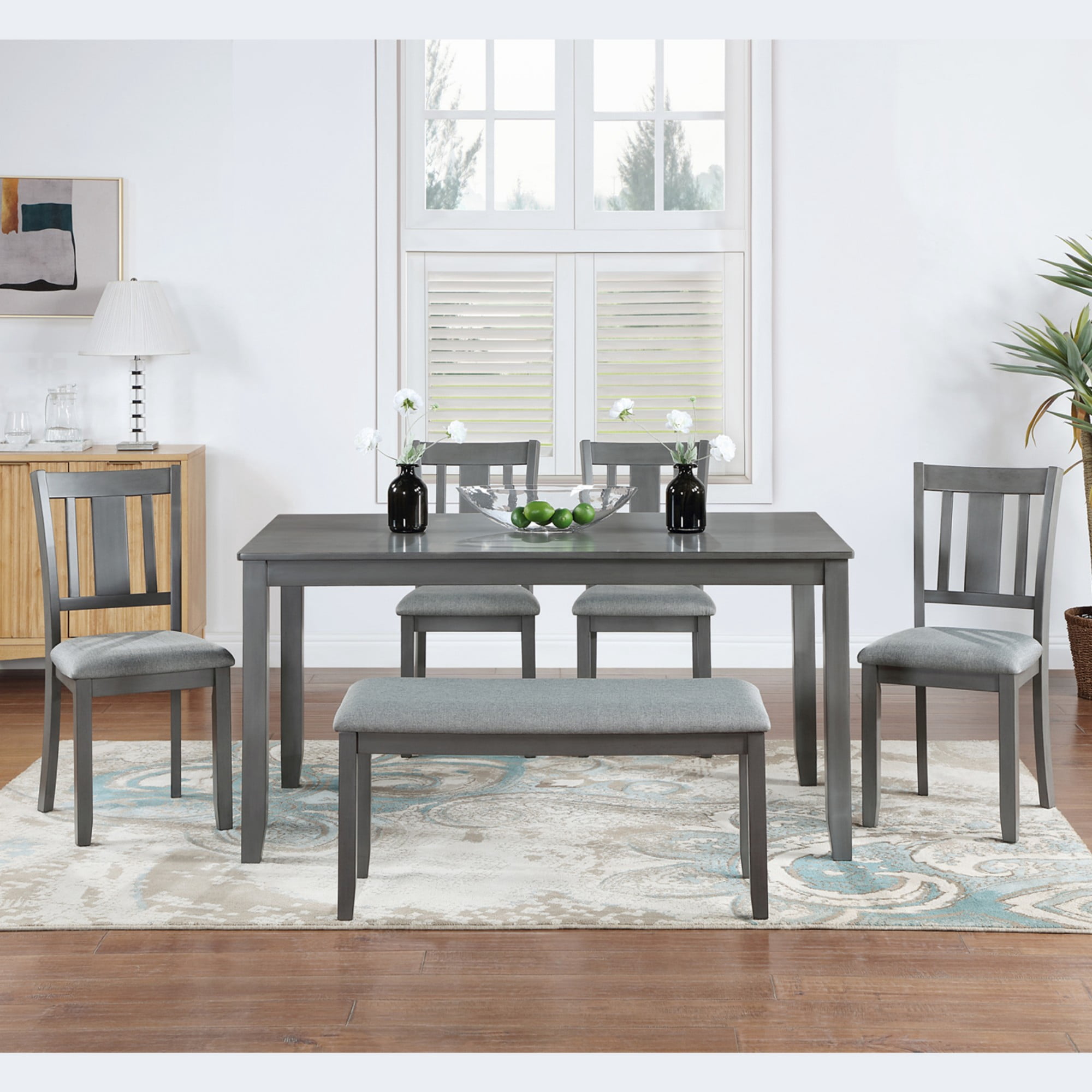 BSHTI 58.5" Acacia Wood & MDF 6-Piece Dining Table Set with Slatted Back Upholstered Chairs and Bench for Kitchen Dining Room(Gray)