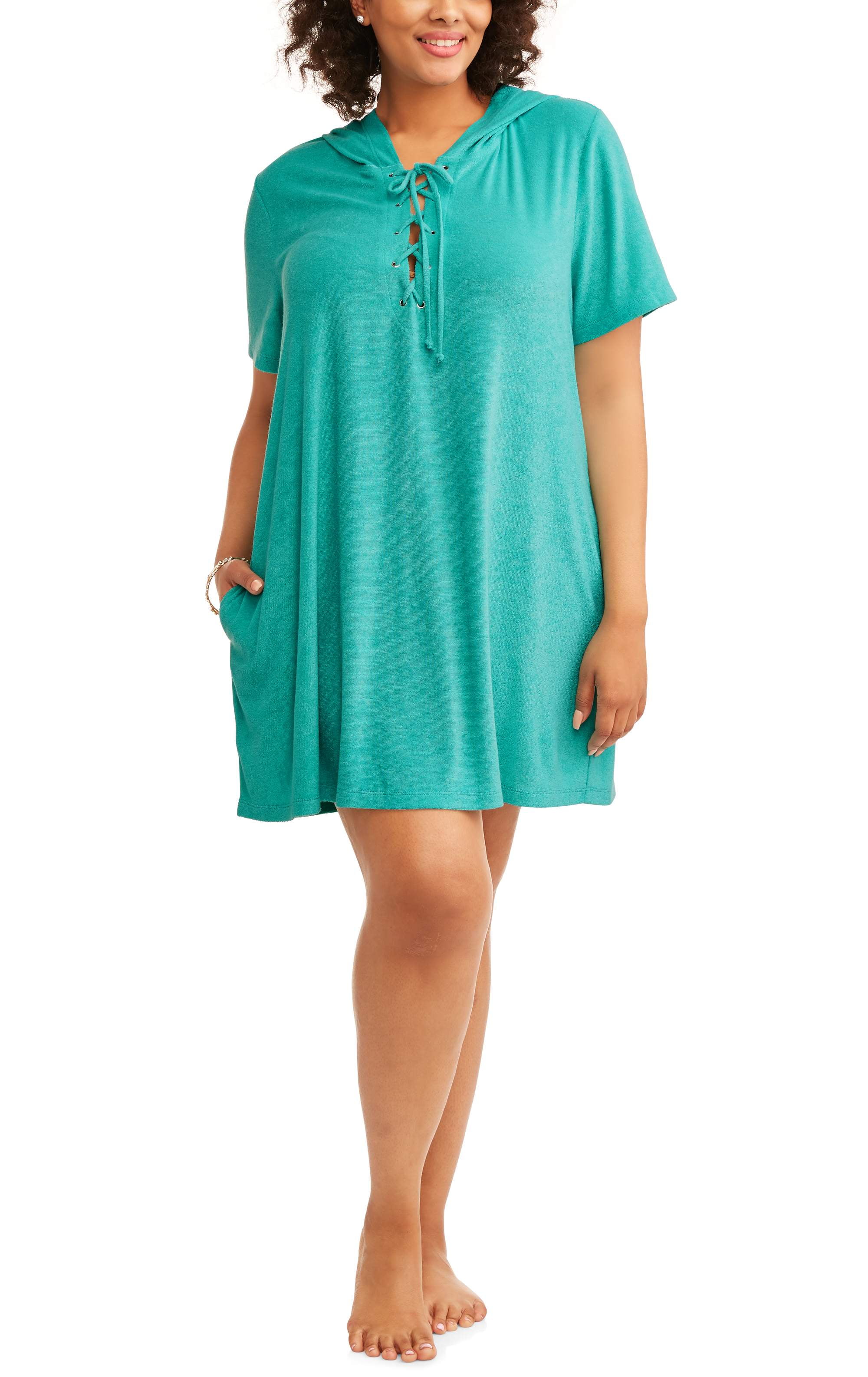 Women's Plus-Size Hooded Lace-Up French Terry Swim Cover-Up - Walmart.com