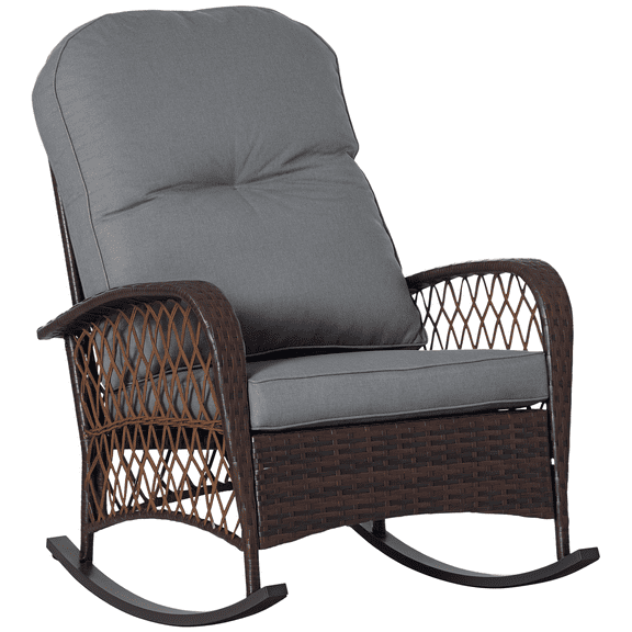 Outsunny Outdoor Wicker Rocking Chair Wide Cushion, Steel Frame, Gray