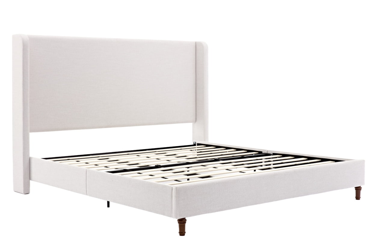 King Bed Frame Upholstered Bed with Tall Headboard, Chenille Platform Bed King Size, No Box Spring Needed, Easy Assembly, Ivory