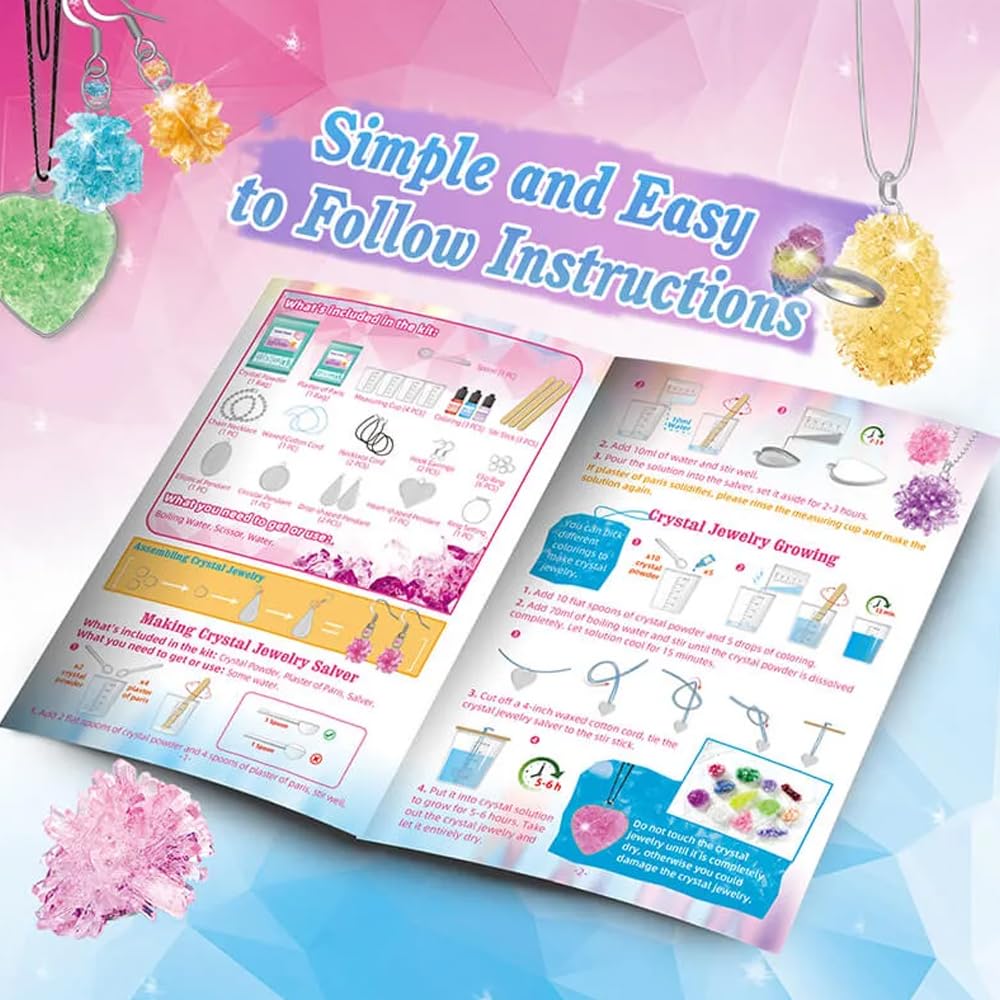 LIVEVIE Crystal Growing Jewelry Kit, Create 6 Jewelry Pieces for Kids - DIY Sparkling Pendants, Necklaces & Earrings Educational Science Kit for Hands-On Learning & Creativity