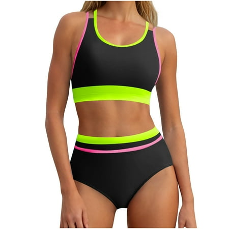 Hfyihgf Women s High Waisted Bikini Sets Cheeky Two Piece Swimsuits Color Block Sporty Bathing Suits High Cut Swimwear(Green XXL)