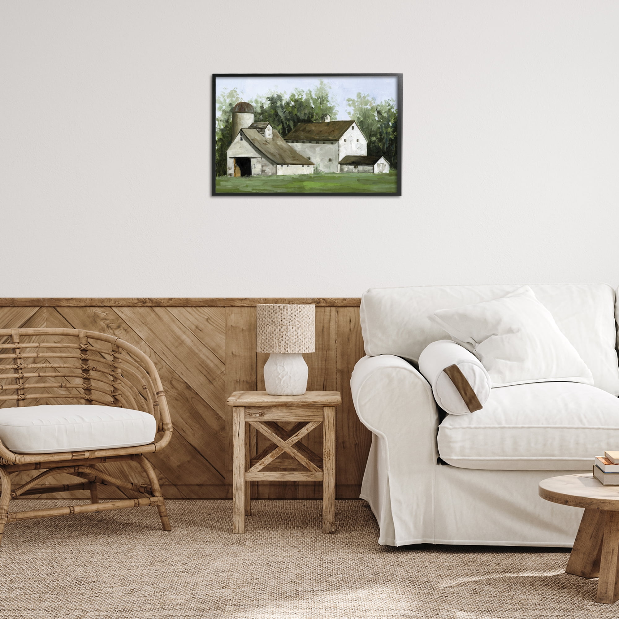 Stupell Industries White Barn Farmhouse Landscape Painting Black Framed Art Print Wall Art, 24 x 16