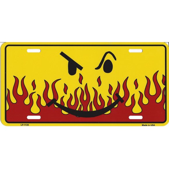 Flaming Smirk Metal License Plate