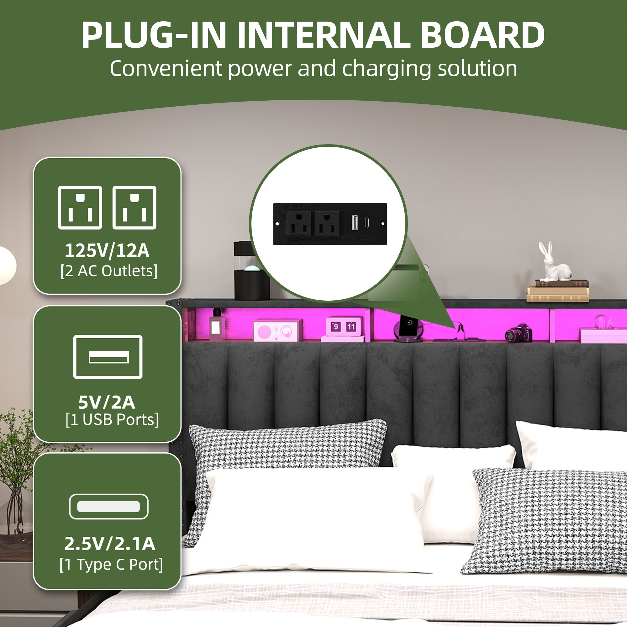 Uforic King Size Storage Bed Frame with Charging Station & Drawers, Platform Bed Frame with Drawers, Gray