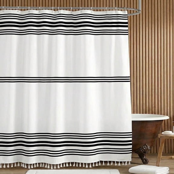 ZYUPHY White Striped Polyester Shower Curtains, 72"x72", with Tassels, Heavy Weighted