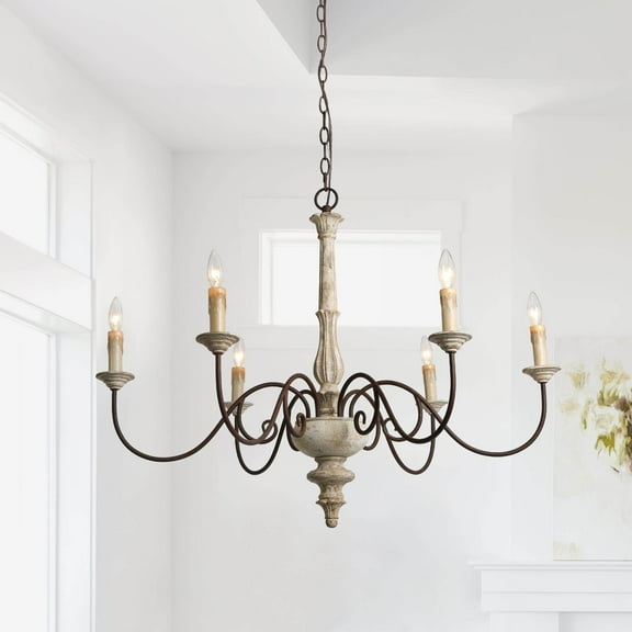 LNC 6-Light Bronze French Country Wood Chandelier Lighting Fixtures for Dining Room, Off-White