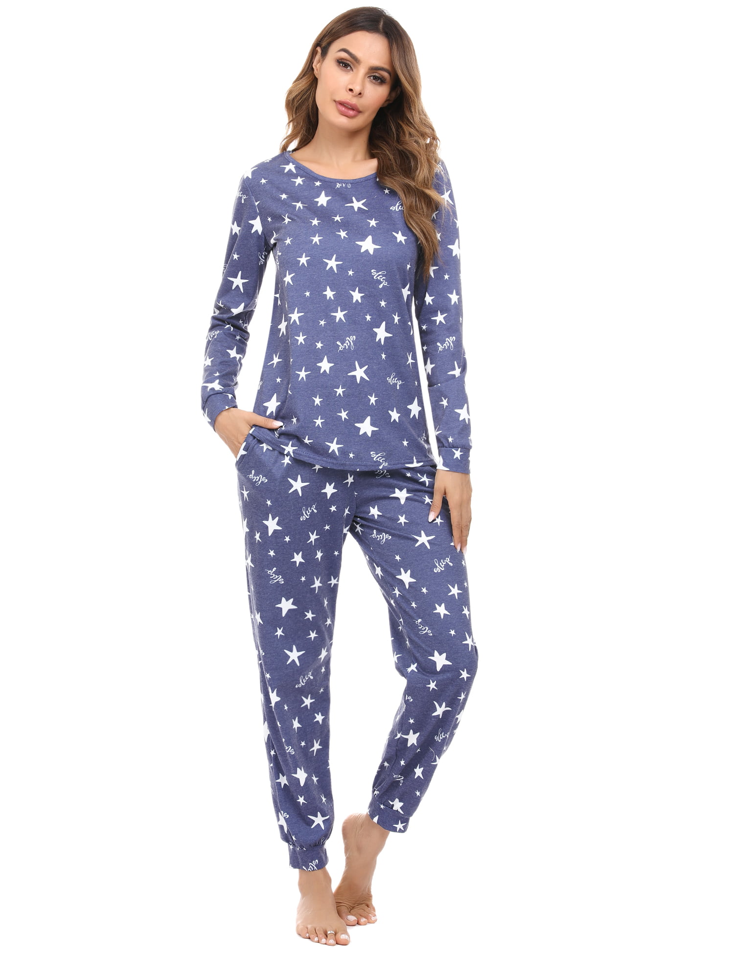 Irevial Women Pjs Pajama Set Cotton Loungewear Nightwear Sleepwear Short Sleeve Top & Long Bottoms Outfits 