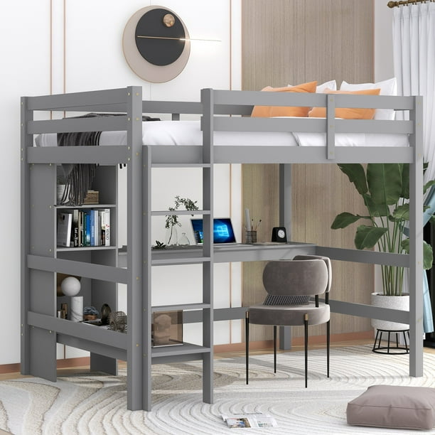 Bellemave Wood Full Size Loft Bed Frame with Desk, Bookcase & Shelves