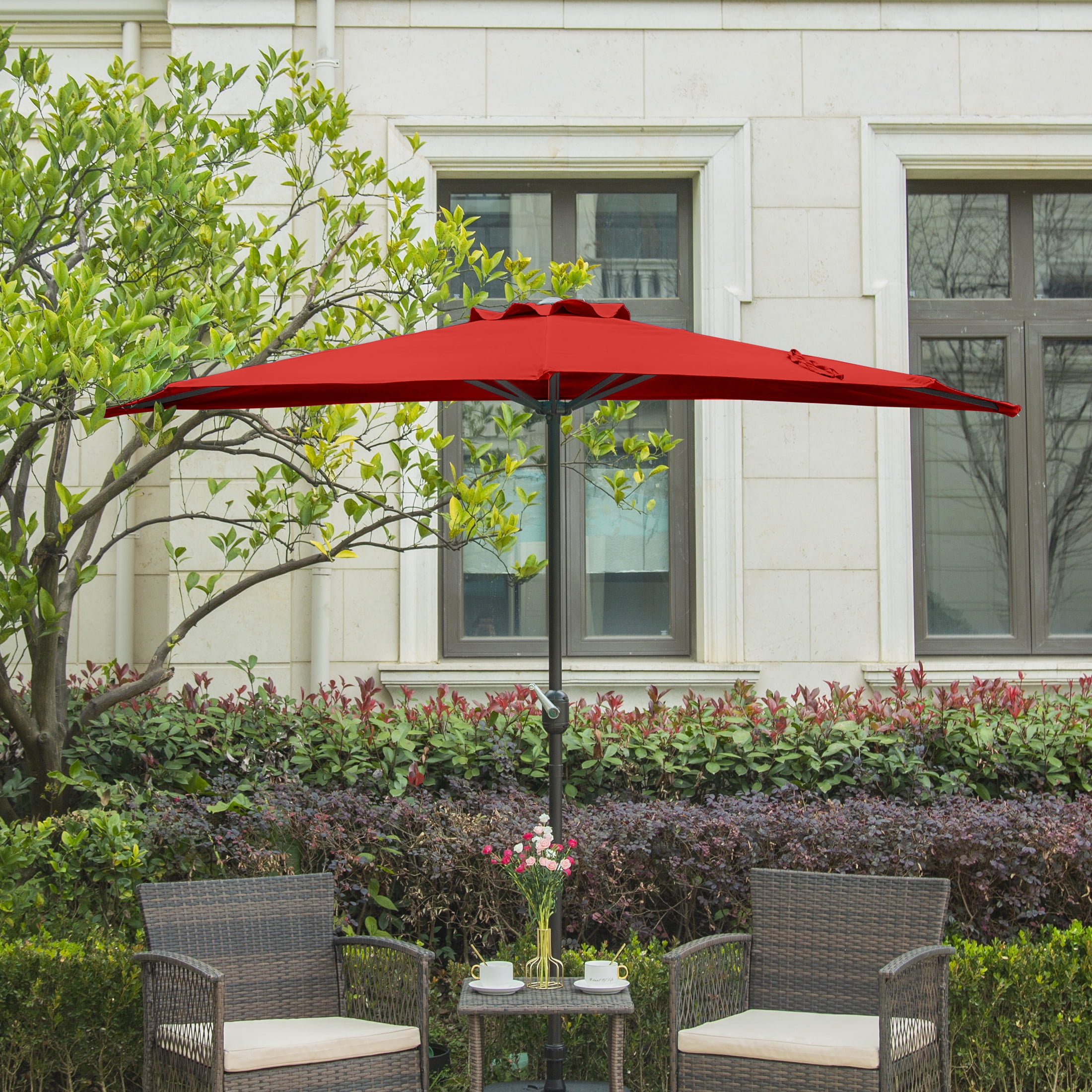 BAYSHORE 9 Ft Half Umbrella with Resin Concrete Base Included for Oudoor Patio, Red