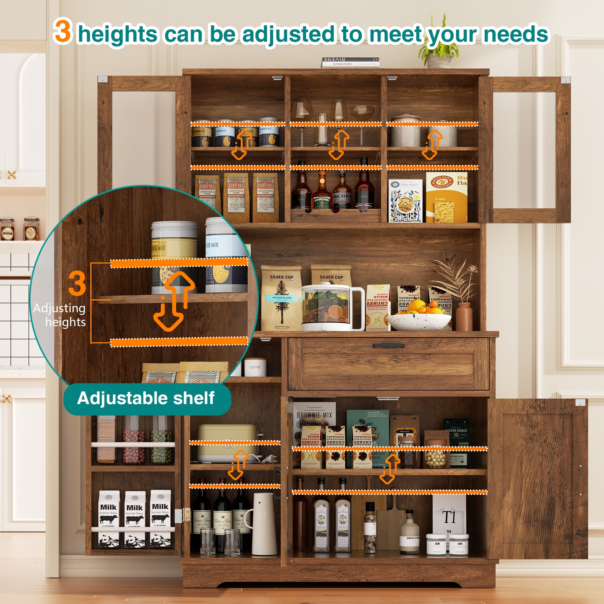 Walsunny Pantry Cabinet with Microwave Shelf Doors Drawer for