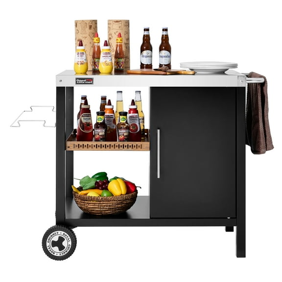 Royal Gourmet PC3402S 3-Tier Dining Cart with Storage Cabinet,34" L x 20" W Stainless Steel Flattop,Movable Food Prep and Work Table, Black
