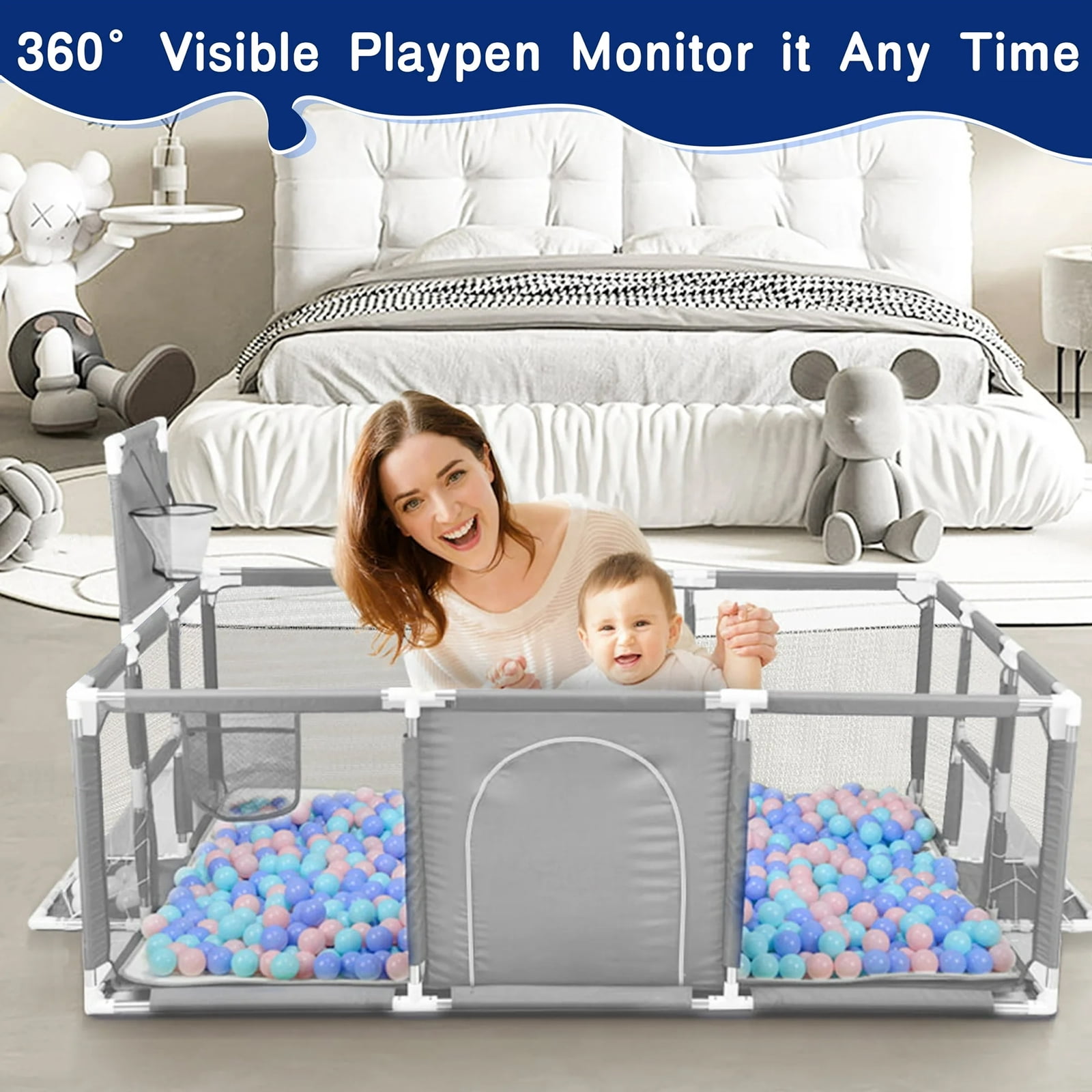 71" x 48" Extra Large Playpen for Babies Toddlers, Baby Playard with Basketball Hoop, No Gap Kids Fence Play Area Ball Pits, Infant Safety Play Yard with Door/Soccer Net