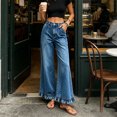 thumbnail image 5 of Womens Casual Lace Trim Loose Straight Leg Jeans High Waisted Denim Pants Wide Leg Full Length Everyday Style, Blue-L, 5 of 5