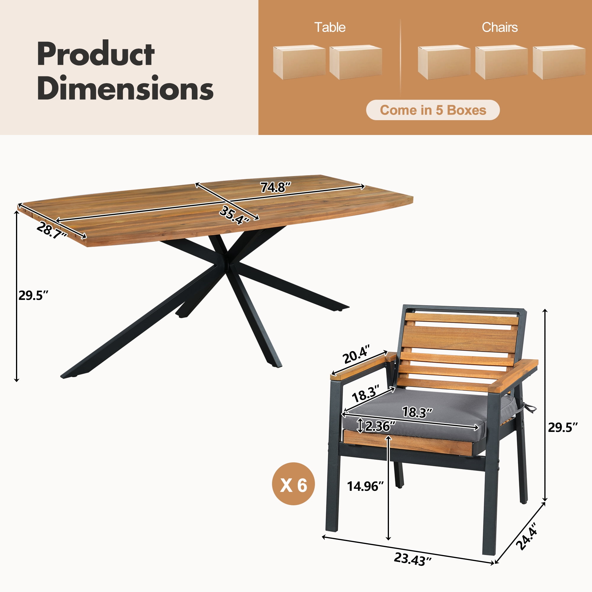 Mintazer 7-Piece Patio Dining Set, Modern Outdoor Furniture Set with Rectangular Table & 6 Detachable Cushions Chairs for Patio Garden Balcony Backyard, Grey & Natural