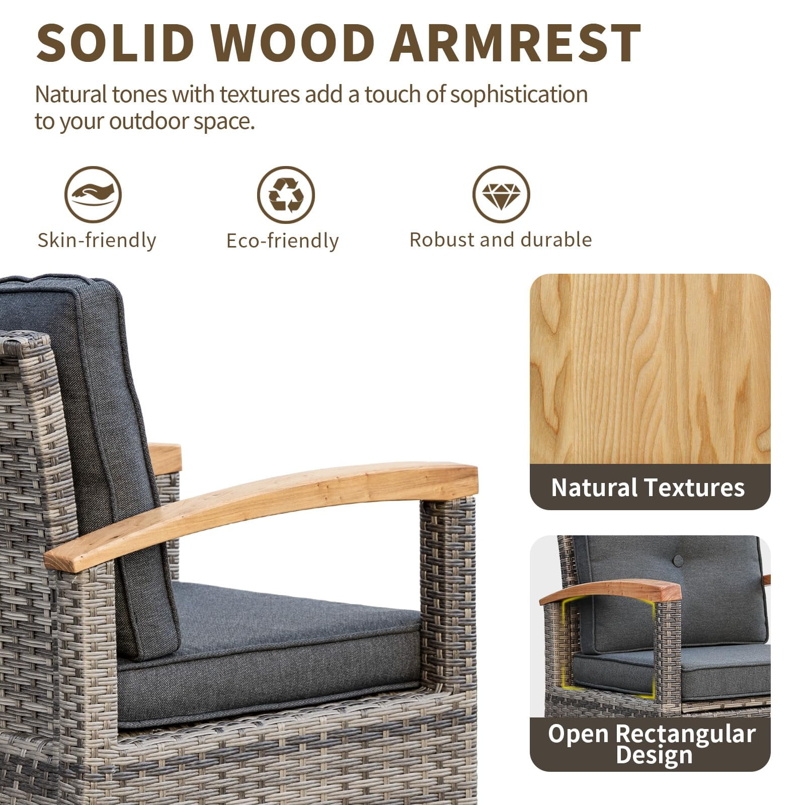 MEISSALIVVE 6 Piece Outdoor Patio Furniture Set, Half-Moon Curved Rattan Conversation Set with Wood Armrests, Round Coffee Table & Side Table(Grey)