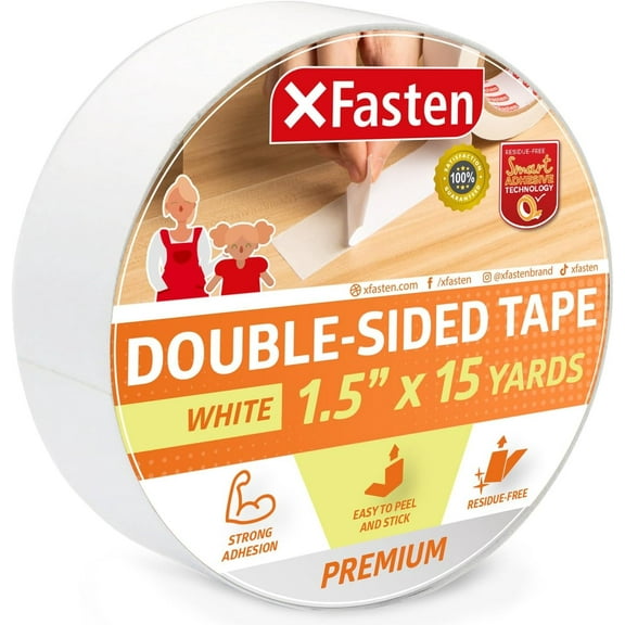 XFasten Double-Sided Tape, White, 1.5" x 15 Yards, Heavy Duty Adhesive Tape