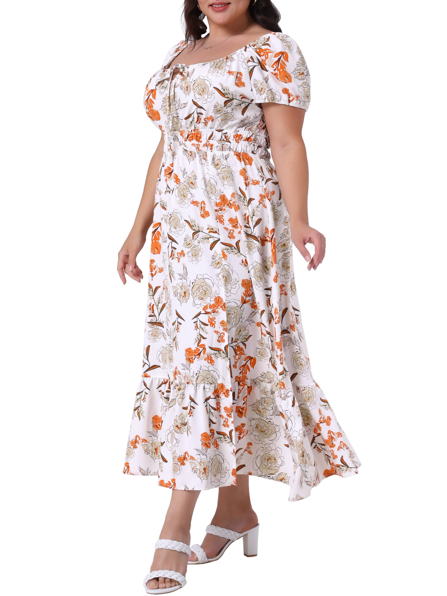 DARING DIVA Plus Size Square Neck Floral Print Short Sleeves Dress 1X White