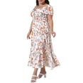 thumbnail image 4 of Agnes Orinda Women's Plus Size Floral Dress Tie Square Neck Smocked Waist Short Sleeve Side Slit Beach A Line Maxi Dresses 3X White, 4 of 6
