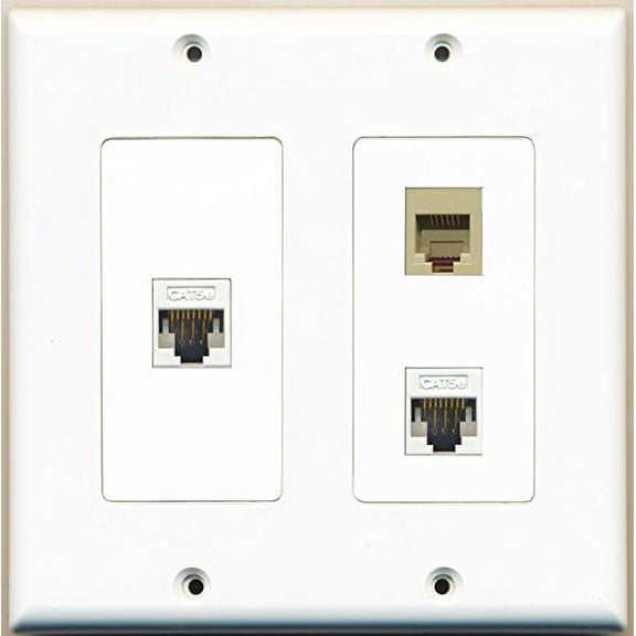 RiteAV - 1 Port Phone RJ11 RJ12 Beige 2 Port Cat5e Ethernet White - 2 Gang Wall Plate