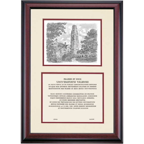 OCM Diploma Frame for Yale University YU, Ivory/Maroon Mat with Harkness Tower Pen & Ink, 24" x 17"