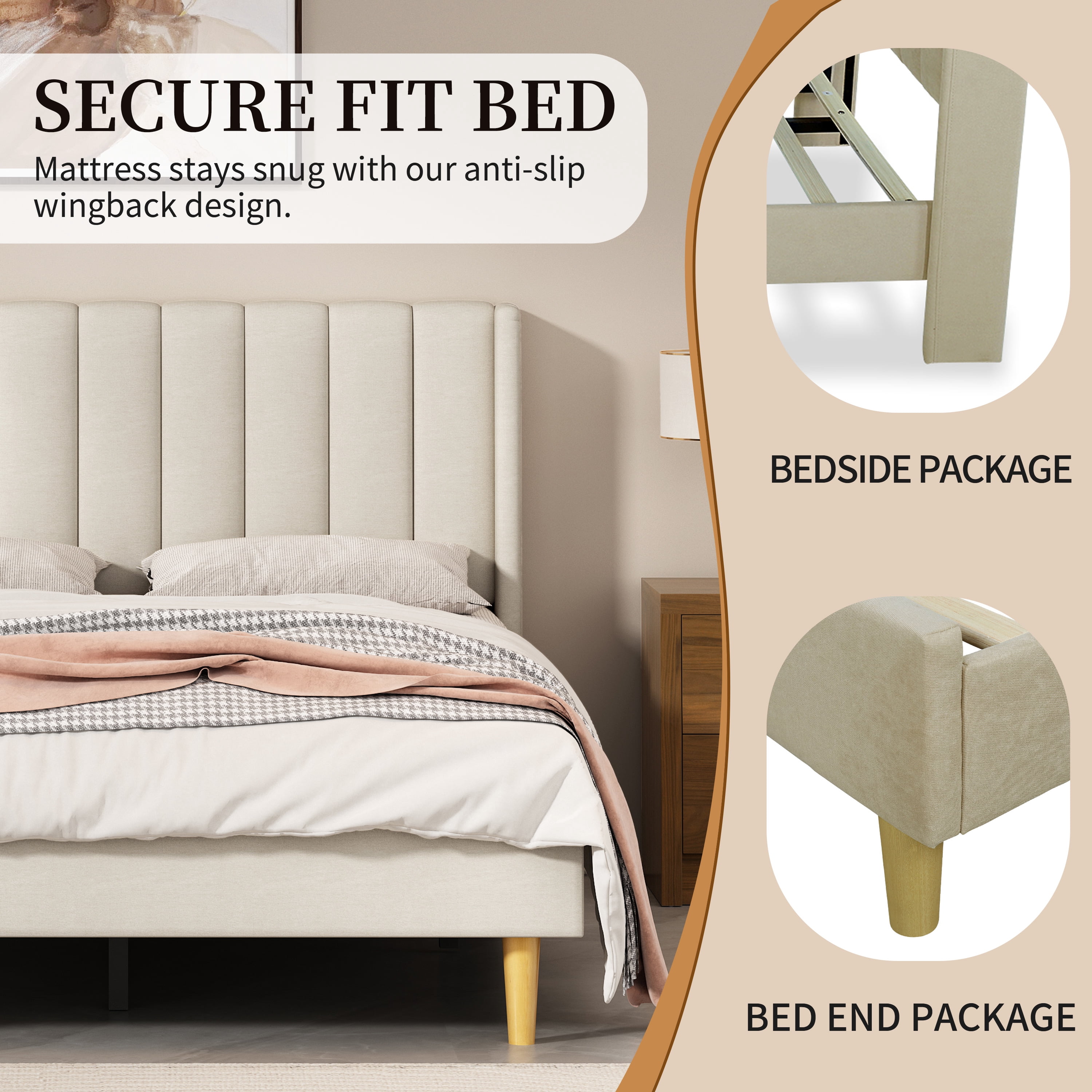 Twin Size Upholstered Bed Frame,40.9" High Headboard,Strong Metal Frame,Wooden Slats Support,No Box Spring Needed,Easy Assembly,Linen Fabric,Beige