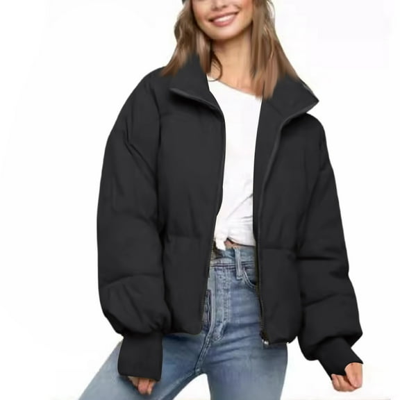 Stichou Womens Cropped Puffer Jacket Warm Winter Quilted Jacket Zip Up Trendy Coat Black XL