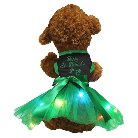 Petitebelle Happy St. Patrick s Day Puppy Dog Dress (Black/Green LED X-Small)
