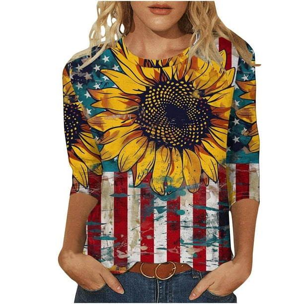 Mujeres 3/4 Manga Tops Y Blusas de Impresión Cuello Redondo Suéter, Tops de Moda de la Mujer para la Primavera Y el Verano