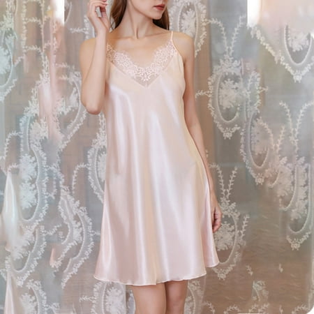 VONCOS Women Sleepwear- Silk Satin V Neck Thin V-Neck Lace Pajamas Summer Sleeveless Off-The-Shoulder Sexy Lingerie Nightgown Sling Babydoll Nightshirt for Women Pink Size L