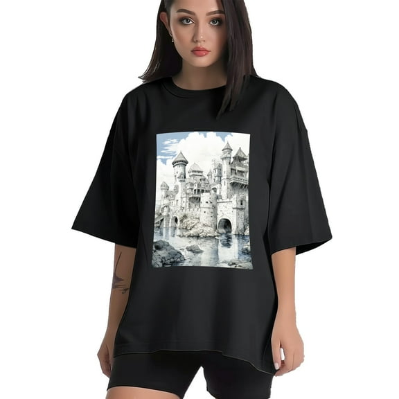 Plus Size Shirt for Women Black Tops for Women Short Sleeves Shirt for Women Castle (40） T Shirt Crewneck Shirt for Women XS