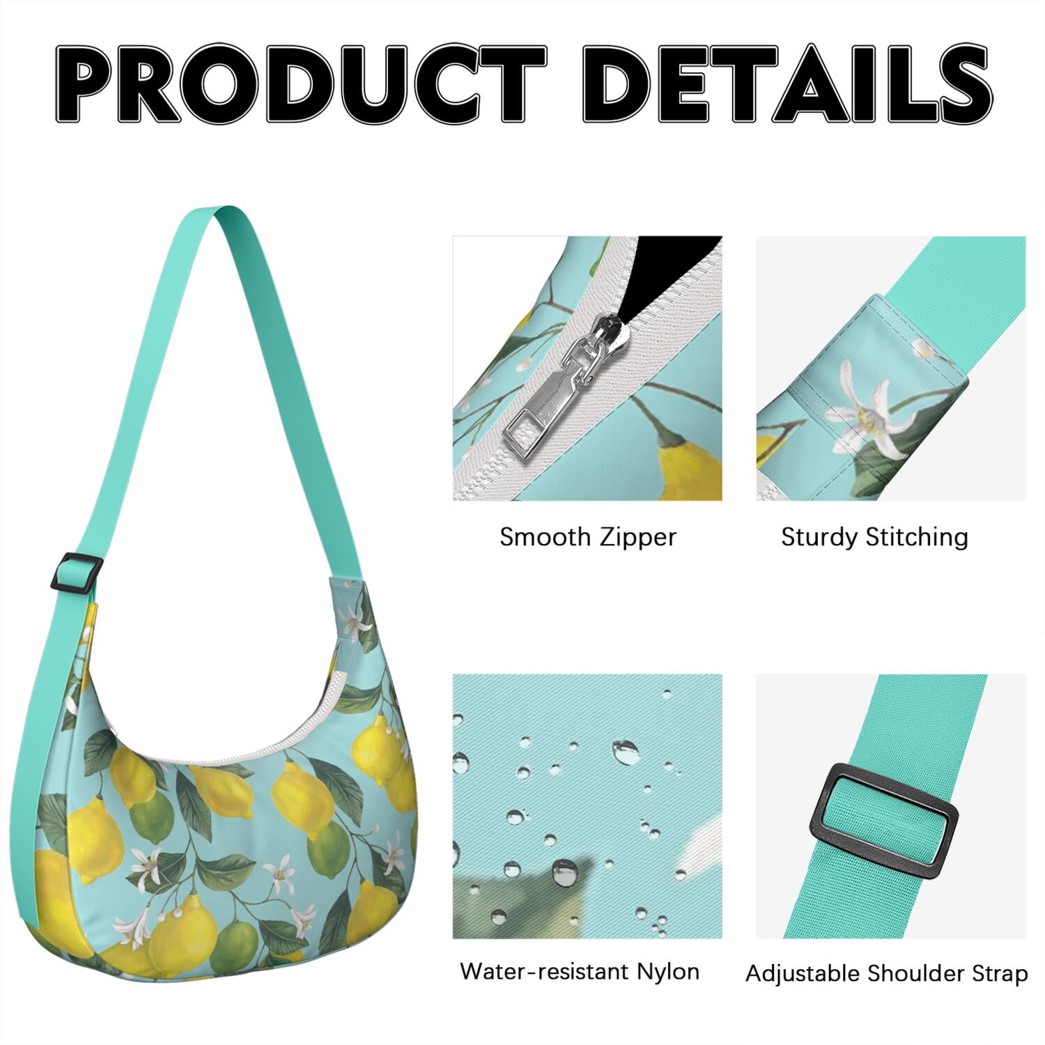 Summer Lemon Pattern Nylon Hobo Bag for Women, Bright Yellow Lightweight Shoulder Purse, Retro Crossbody Tote Handbag, Water-Resistant and Durable for Travel