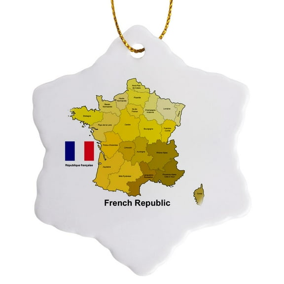 3drose, the Colorful Flag and Map of France with All the French Administrative Regions Identified., 3 inch Snowflake Porcelain Ornament