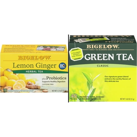 Bigelow Lemon Ginger Herb Plus Probiotics Tea Bags 18 ct & Bigelow Green Tea Bags Value Pack 40 ct