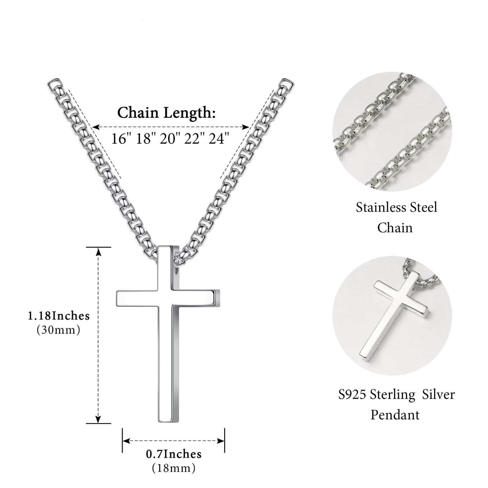 Turandoss S925 Sterling Silver Cross Necklace for Men 18K Silver Plated 22 inch Diamond Cut Chain Mens Jewelry Christian Religious Birthday Fathers Day Gifts for Men Boys Father Dad from Son
