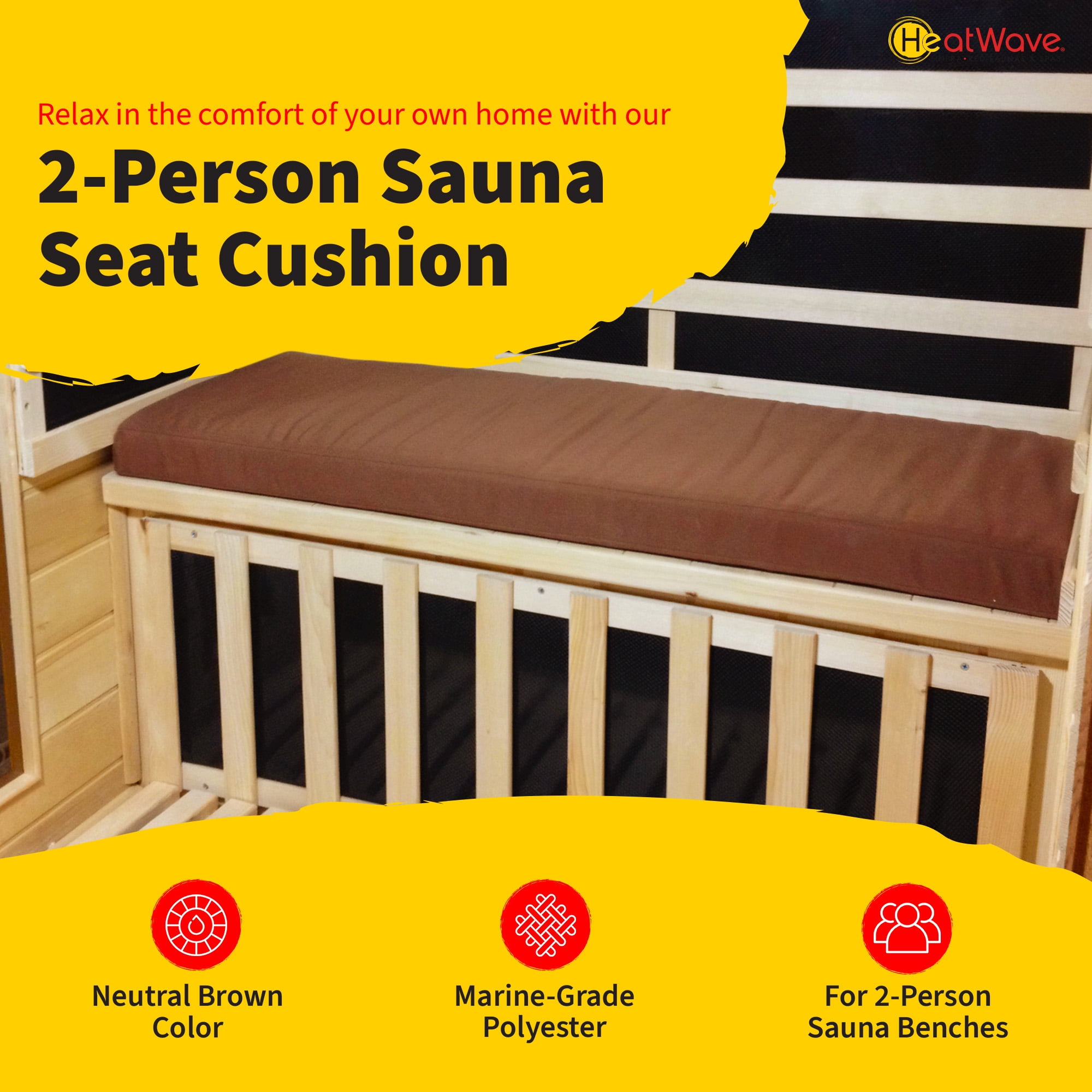 Heatwave 43-in Polyester Wood Sauna Seat Cushion – Durable Quick Drying & Moisture Resistant Foam, Machine Washable Cover with Zipper – Indoor Infrared Sauna Accessories - Pack of 1, Brown