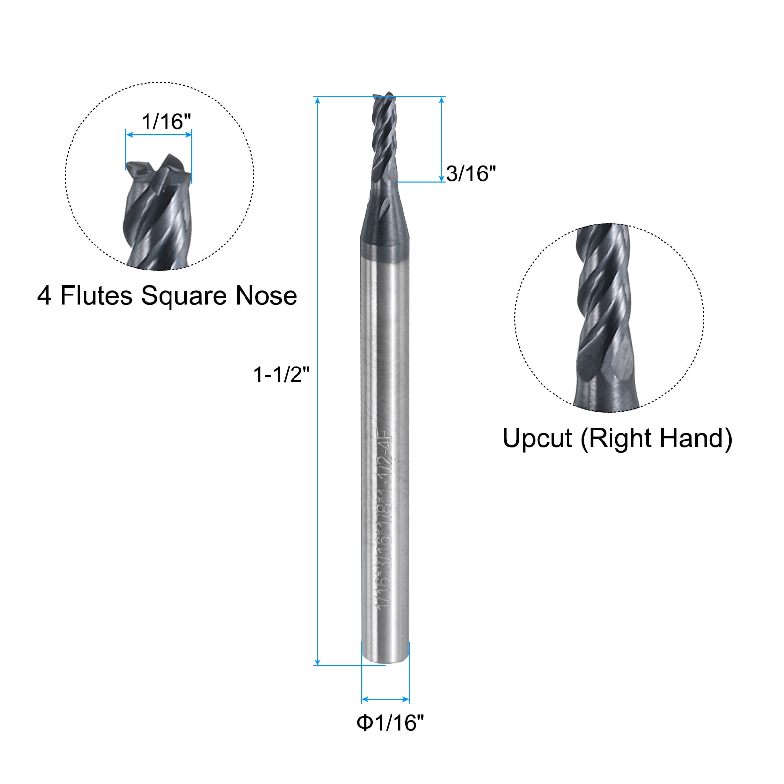 Uxcell 5 Pieces Solid Carbide Square End Mills 1/16" Dia AlTiN BN Coated 4 Flutes Milling Bit 1/8" Shank 1-1/2" Long