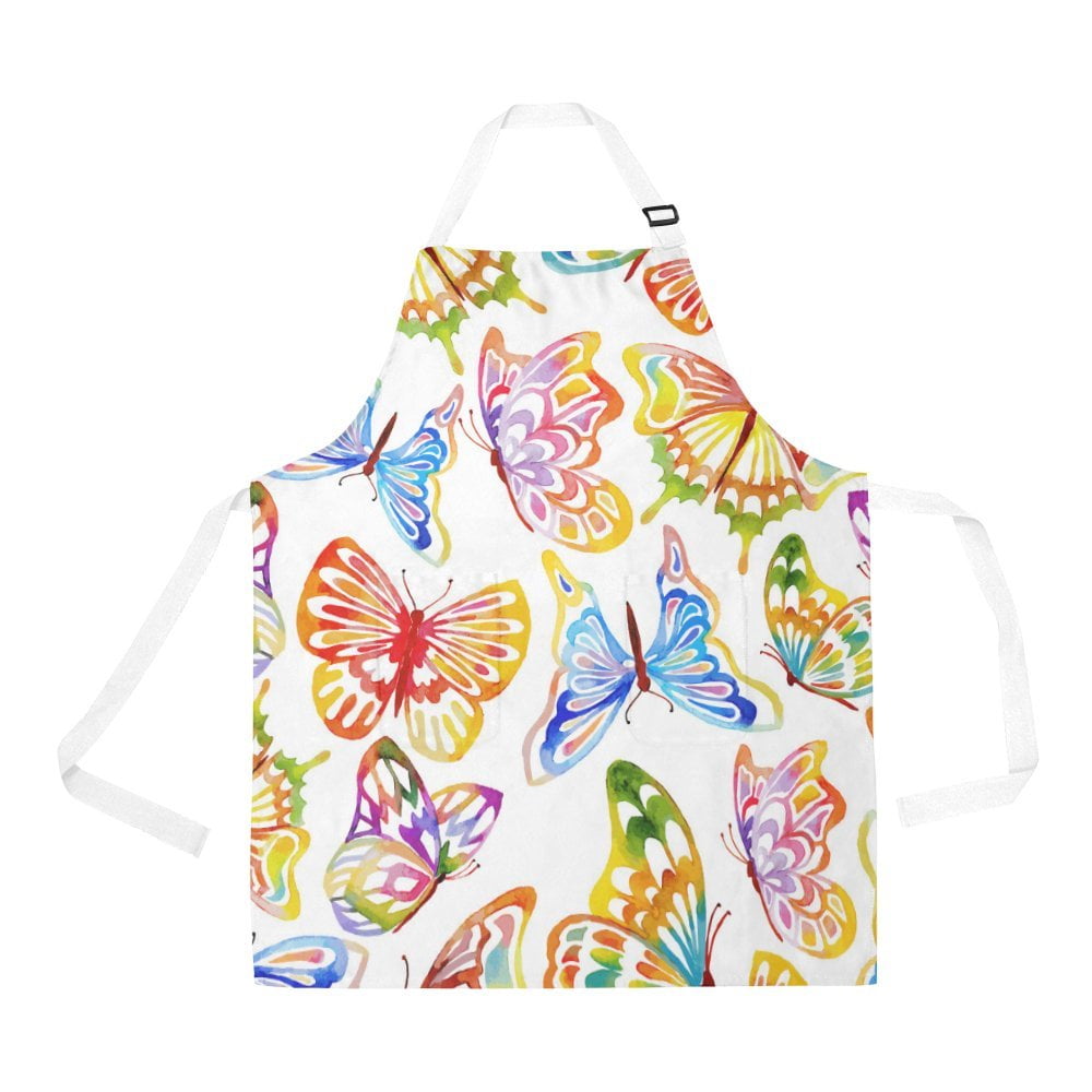 ASHLEIGH Waterclor Butterfly Adjustable Bib Apron with Pockets for Women and Men Adjustable Black Neck Strap Kitchen Apron for Cooking, Grill and Baking
