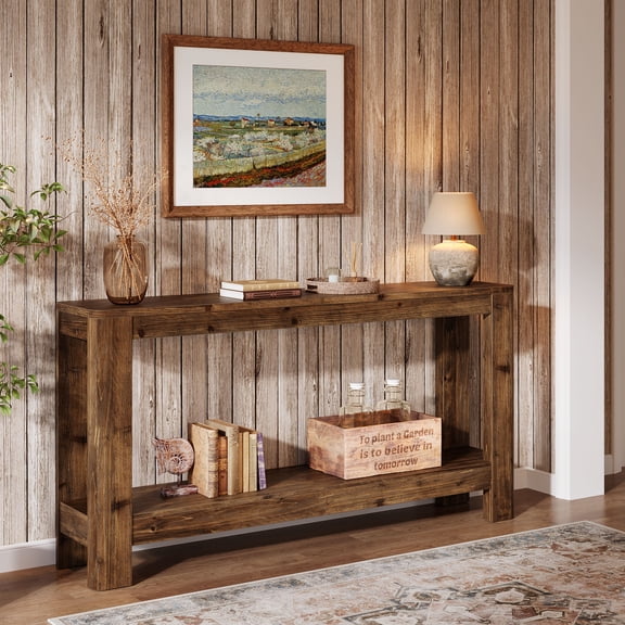 Finmind Solid Wood Narrow Console Table for Entryway, 63" Farmhouse Slim Sofa Table with 2-Tier Storage Shelf, Rustic Modern Hall Entry Furniture for Living Room, Hallway or Bedroom
