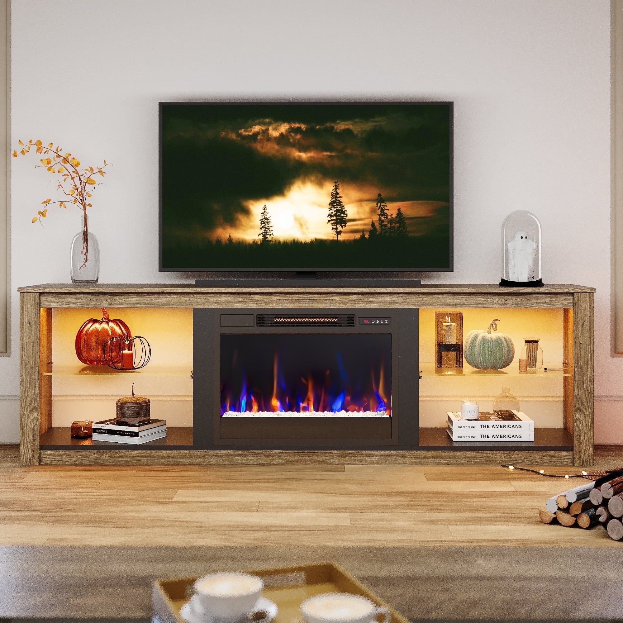 Bestier Electric Fireplace TV Stand Modern Entertainment Center for TVs up to 75" with LED Light and Storage Shelves in Wash Gray