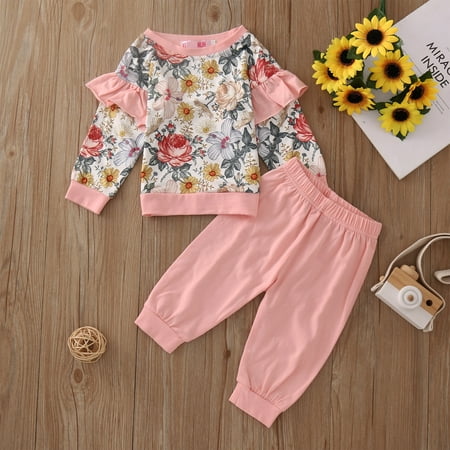 

Toddler Baby Boys Girls Long Sleeve Flower Print Casual Tops+Pants Sets